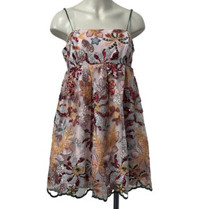 Mod Goddess Pink Red Sequin Floral Embroidered Mini Dress Spaghetti Sz L